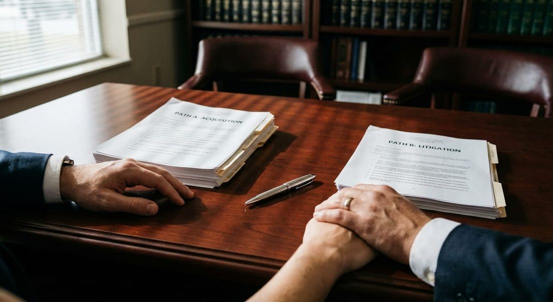 Photograph of hands and legal documents on a wooden desk, weighing a spousal sponsorship appeal or reapplication.