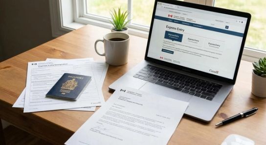 Express Entry immigration documents and a laptop on a desk