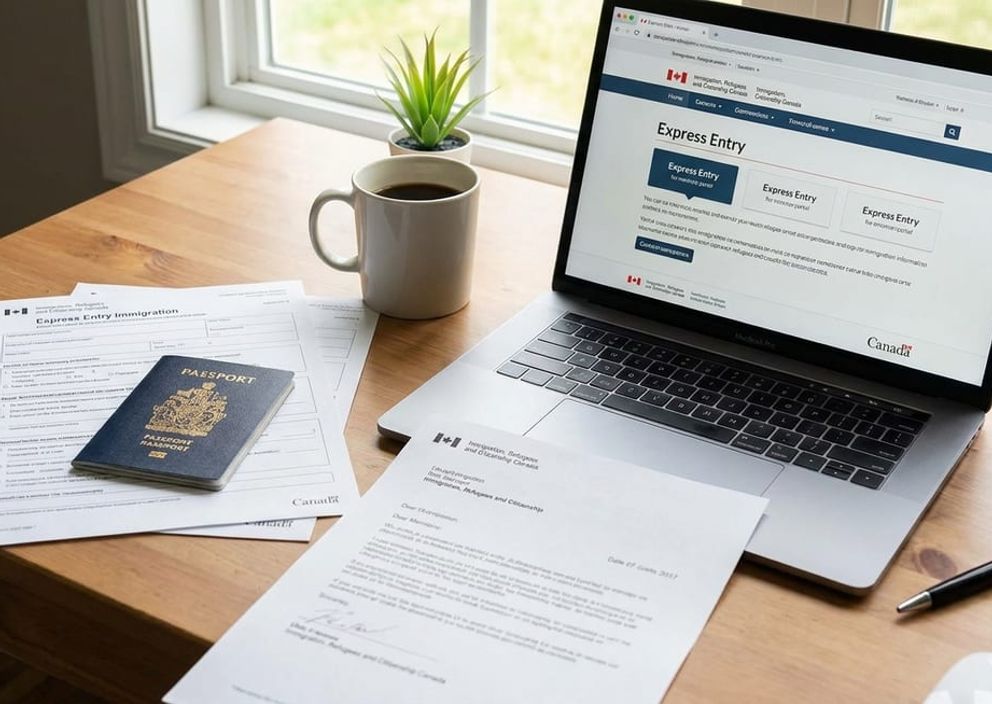Express Entry immigration documents and a laptop on a desk