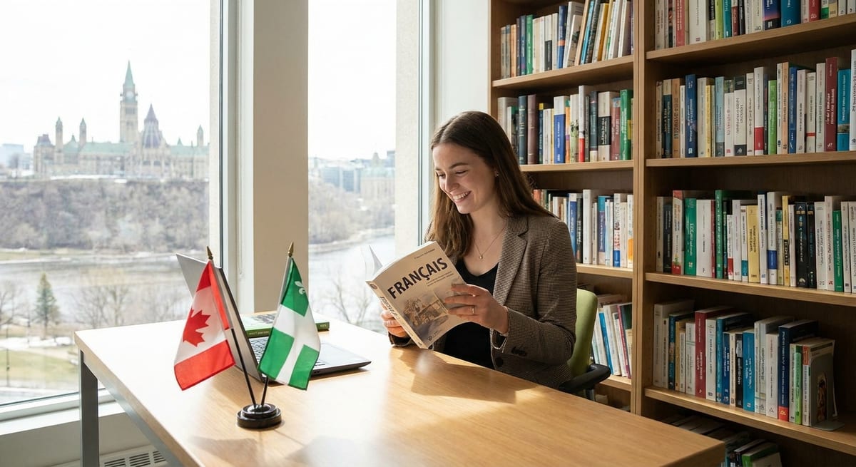 A smiling young professional at a desk in a bright Ottawa office, holding a French-language book with the title “Français” on the cover, a small Canadian flag and a green-and-white Franco-Ontarian flag on the desk, shelves of French books behind, natural daylight, photorealistic editorial photo
