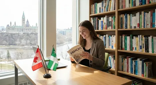 A smiling young professional at a desk in a bright Ottawa office, holding a French-language book with the title “Français” on the cover, a small Canadian flag and a green-and-white Franco-Ontarian flag on the desk, shelves of French books behind, natural daylight, photorealistic editorial photo
