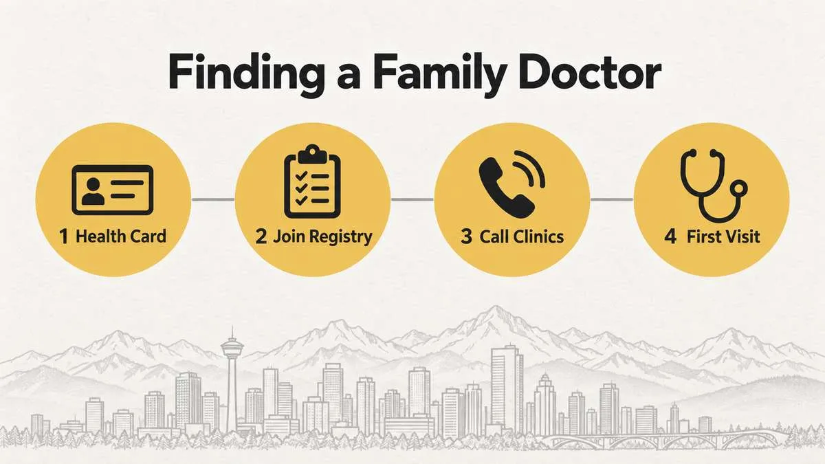 Infographic with four steps to find a family doctor: health card, join registry, call clinics, and first visit.