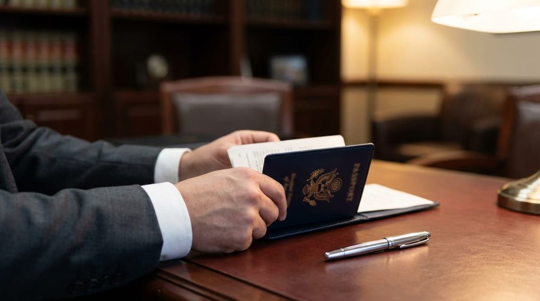 Close-up of a professional's hands reviewing a passport and travel documents on a polished mahogany desk.