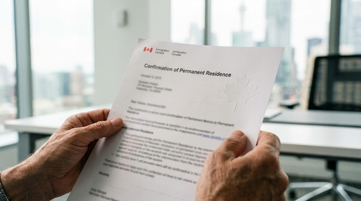 Hands holding a Canadian Confirmation of Permanent Residence document in an office.