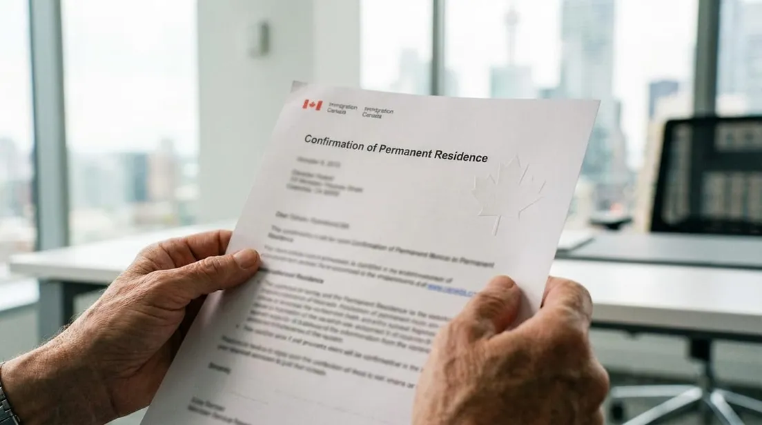 Hands holding a Canadian Confirmation of Permanent Residence document in an office.