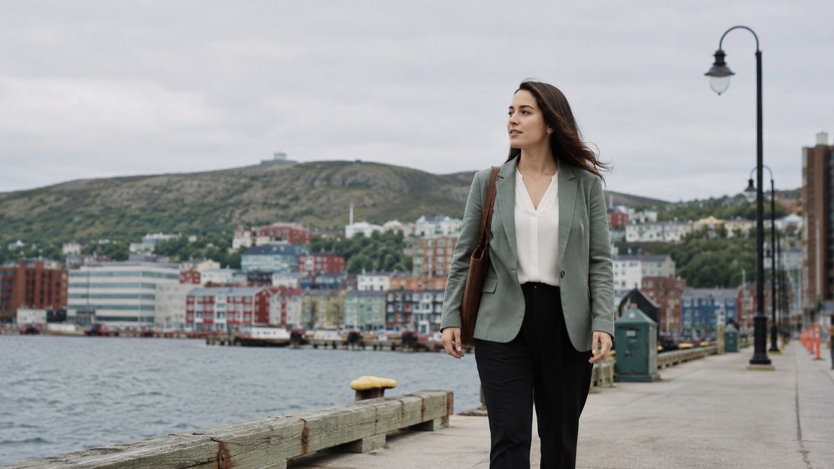 A professional woman in a blazer walks along a harbor pier with a coastal city in the background.
