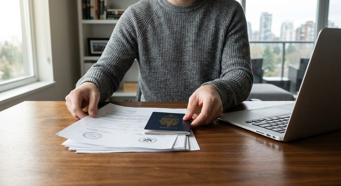 Photograph of a person holding a passport over official documents while applying for a PGWP on a laptop.