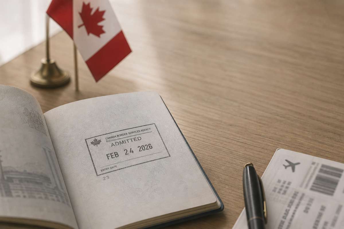 Open passport with a Canadian entry stamp on a desk beside a pen, boarding pass, and small Canadian flag.