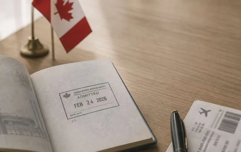 Open passport with a Canadian entry stamp on a desk beside a pen, boarding pass, and small Canadian flag.