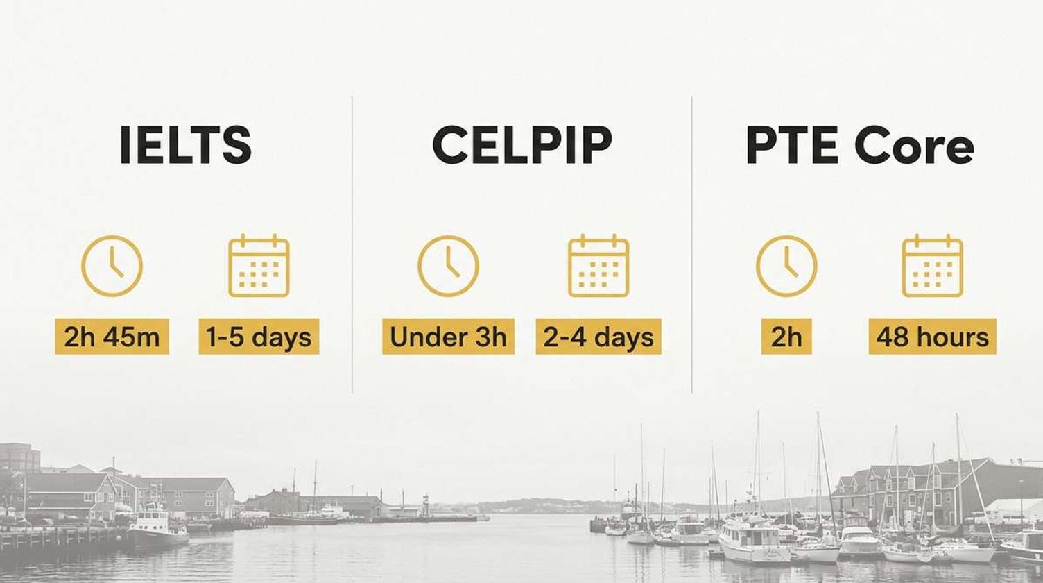 Comparison of IELTS, CELPIP, and PTE Core test durations and result wait times.