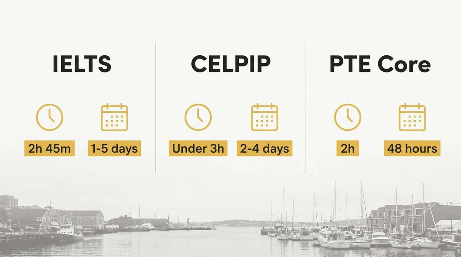 Comparison of IELTS, CELPIP, and PTE Core test durations and result wait times.