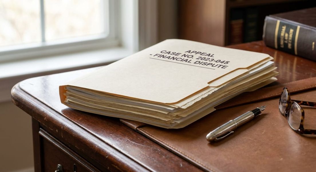 Photograph of a legal file folder on a wooden desk with a pen, illustrating the refugee appeal process and case costs.