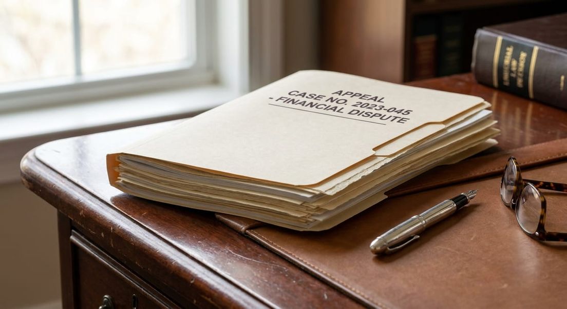 Photograph of a legal file folder on a wooden desk with a pen, illustrating the refugee appeal process and case costs.
