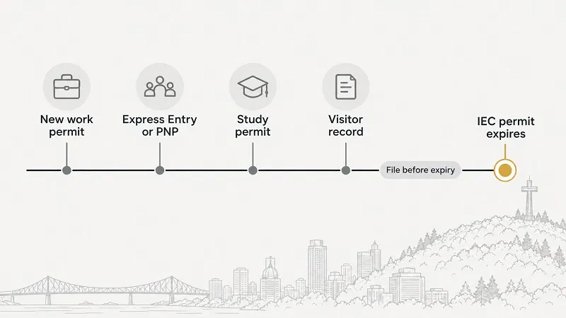 Timeline shows options before an IEC permit expires: work permit, Express Entry/PNP, study permit, or visitor record.