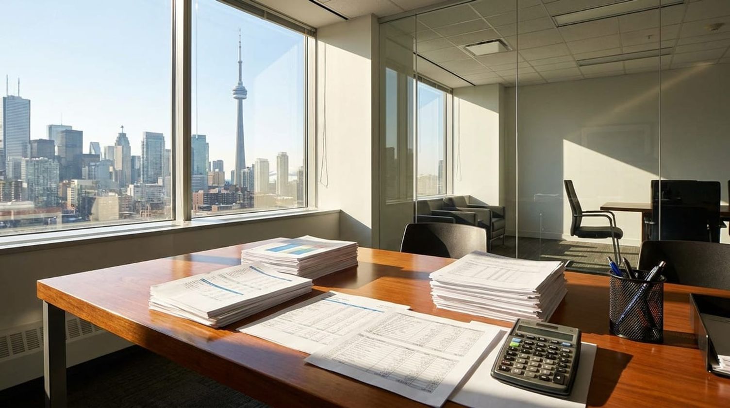 A professional reviewing a tax document at a desk with a calculator in a bright Ontario office, natural daylight