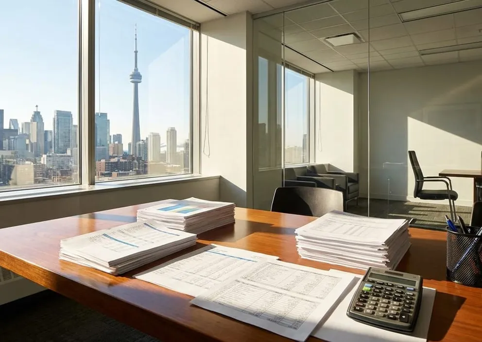 A professional reviewing a tax document at a desk with a calculator in a bright Ontario office, natural daylight
