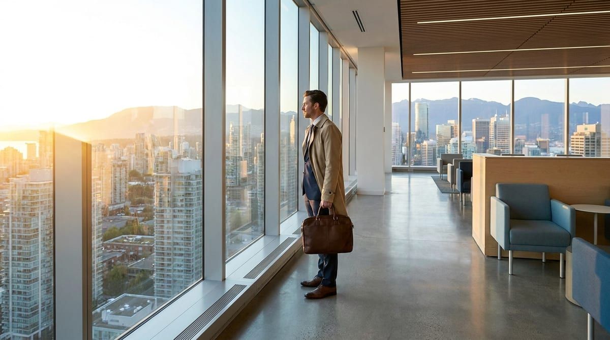 A business traveler looking out a large window at a Canadian city skyline from a modern airport terminal.