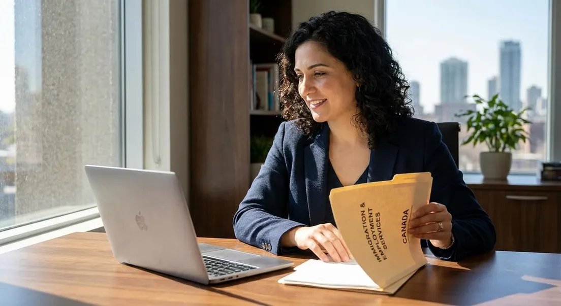 Photograph of a woman reviewing Canada immigration documents for a common-law sponsorship application at her desk.