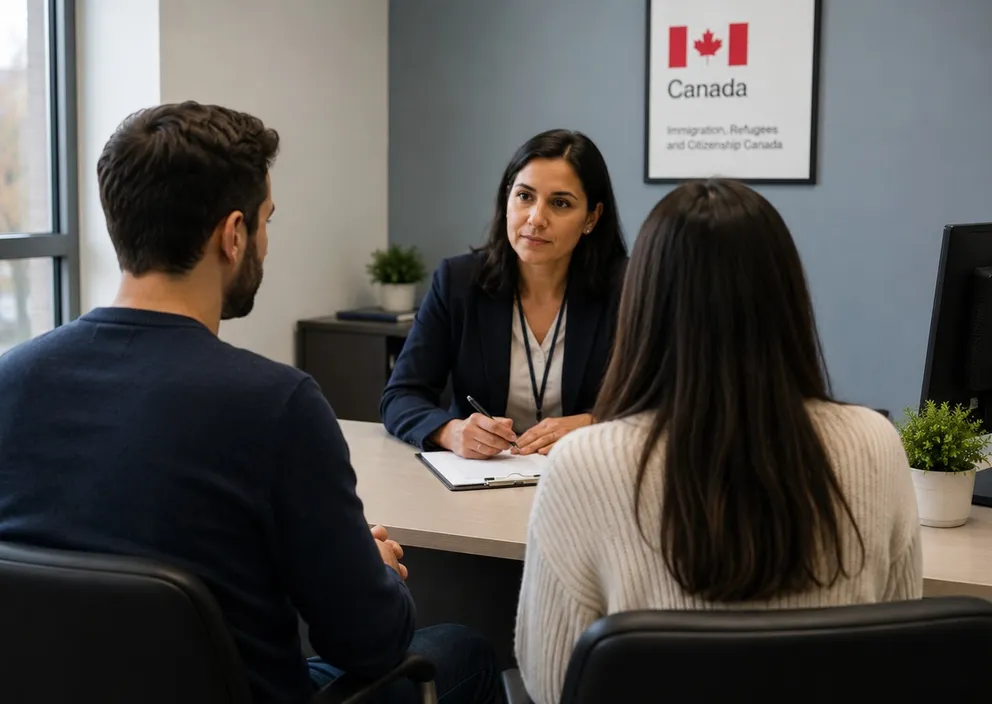 A couple sits across a desk from a Canadian immigration officer during an interview.