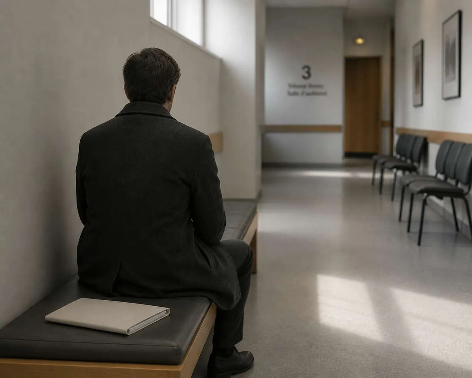 A man in a dark coat sits on a bench in an empty hallway with a folder beside him.
