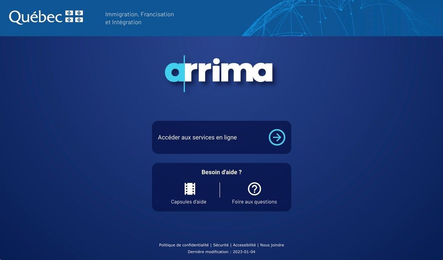 Landing page of the Quebec Arrima immigration portal with links to online services.