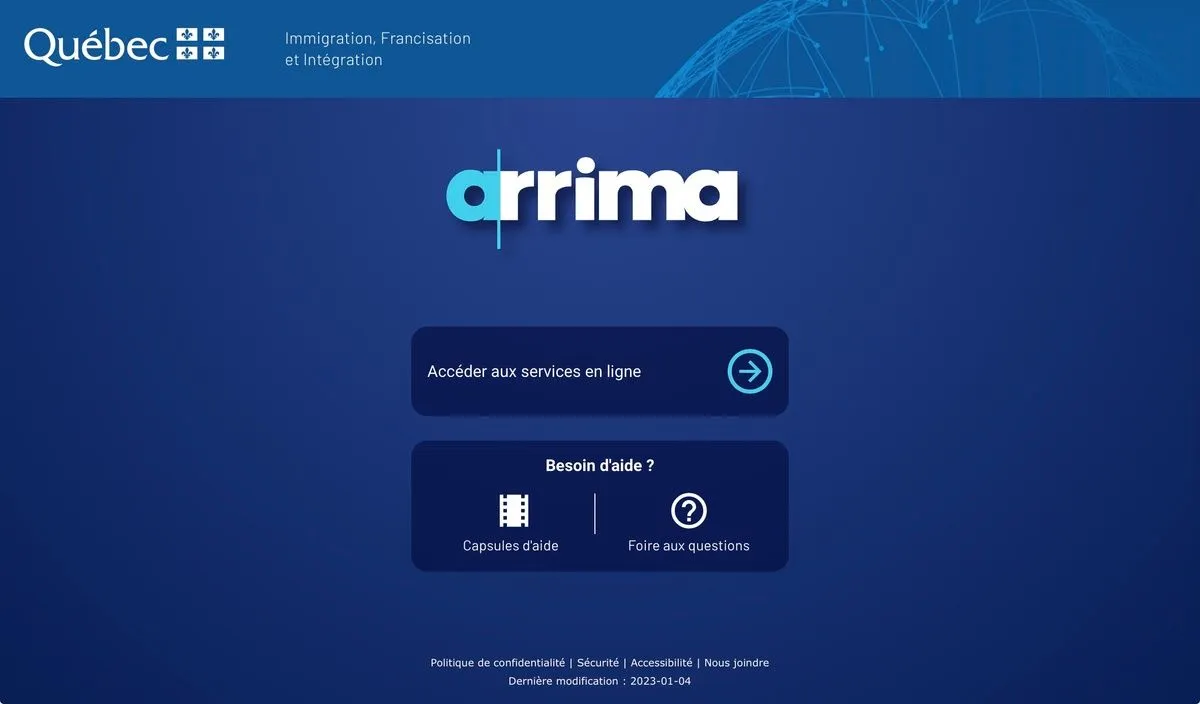 Landing page of the Quebec Arrima immigration portal with links to online services.