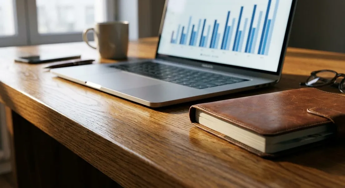 Photograph of a laptop showing Express Entry profile trends on a bar chart, next to a leather notebook on a desk.