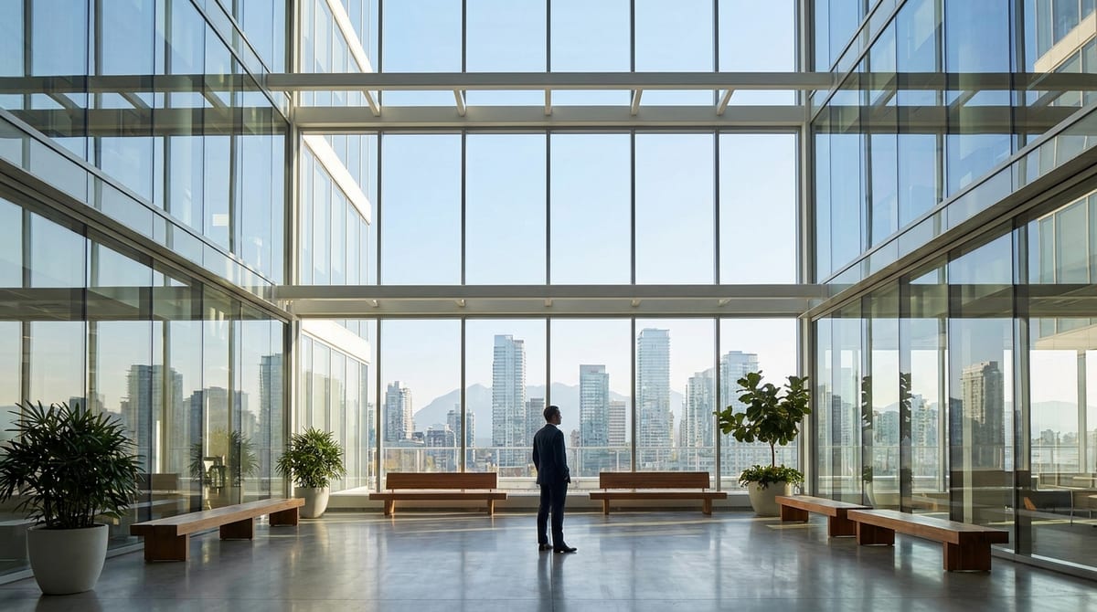 An executive looking out of a modern Canadian office window at a sunlit metropolitan skyline.