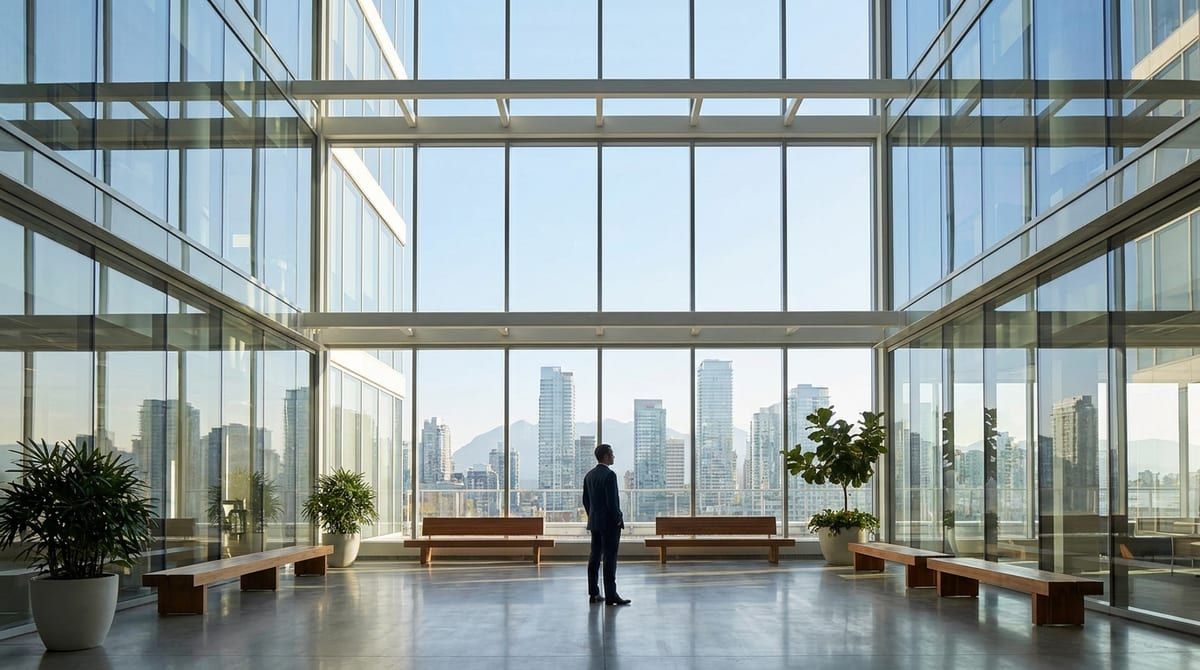 An executive looking out of a modern Canadian office window at a sunlit metropolitan skyline.