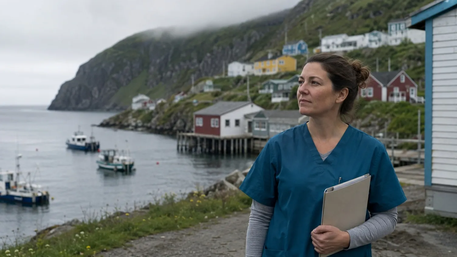 A healthcare worker in blue scrubs holding a folder near a coastal harbor with boats and houses.