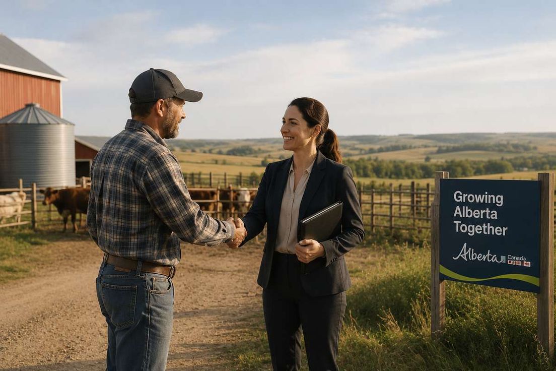A woman in a suit shakes hands with a farmer on a farm beside a Growing Alberta Together sign.