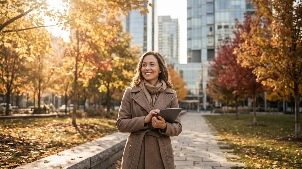 A smiling professional in a Canadian city park surrounded by colorful autumn trees and distant modern buildings.