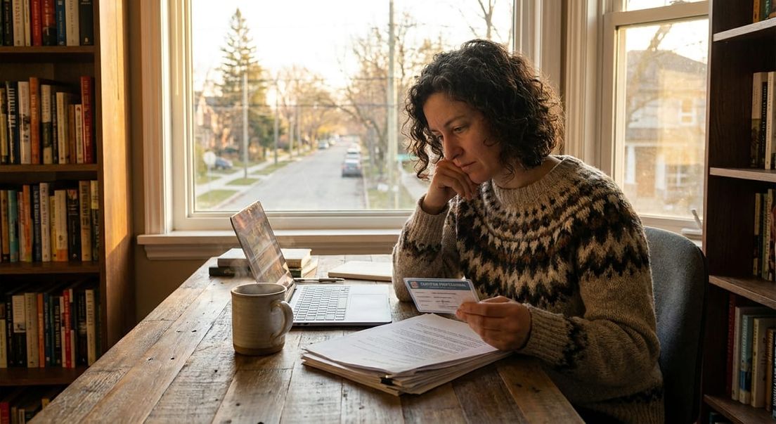 Photograph of a woman at a desk holding a professional license while reviewing Alberta Opportunity Stream eligibility.
