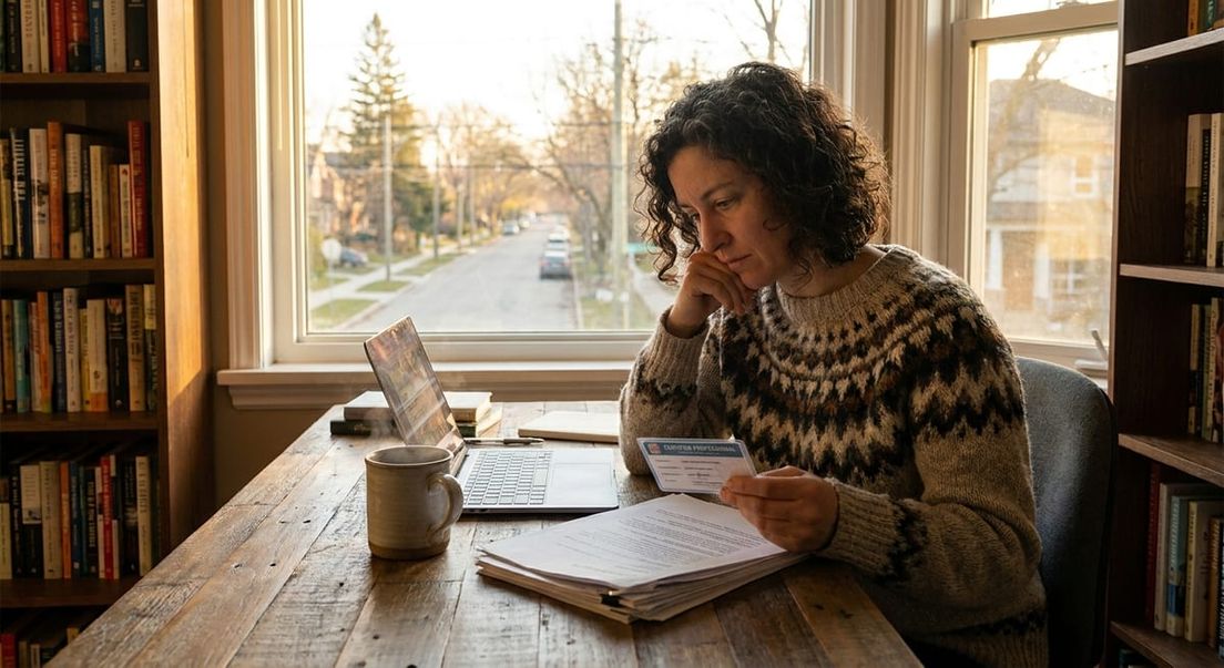 Photograph of a woman at a desk holding a professional license while reviewing Alberta Opportunity Stream eligibility.