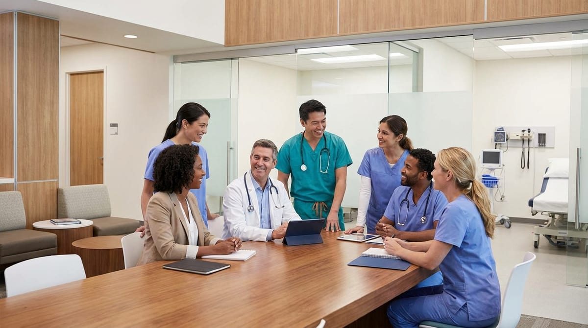 Medical professionals in scrubs and lab coats smiling and collaborating around a conference table.