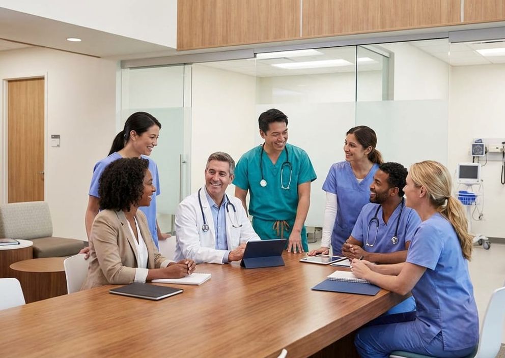 Medical professionals in scrubs and lab coats smiling and collaborating around a conference table.