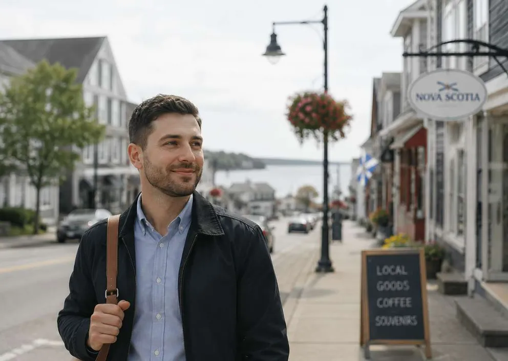 A smiling man walks along a street in a Nova Scotia coastal town with shopfronts and water in the background.