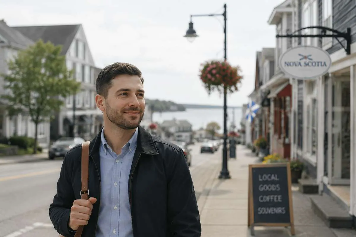 A smiling man walks along a street in a Nova Scotia coastal town with shopfronts and water in the background.