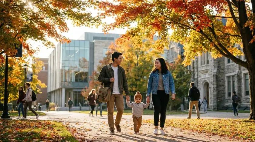 A happy student and their family walking together on a sunny Canadian university campus in autumn.