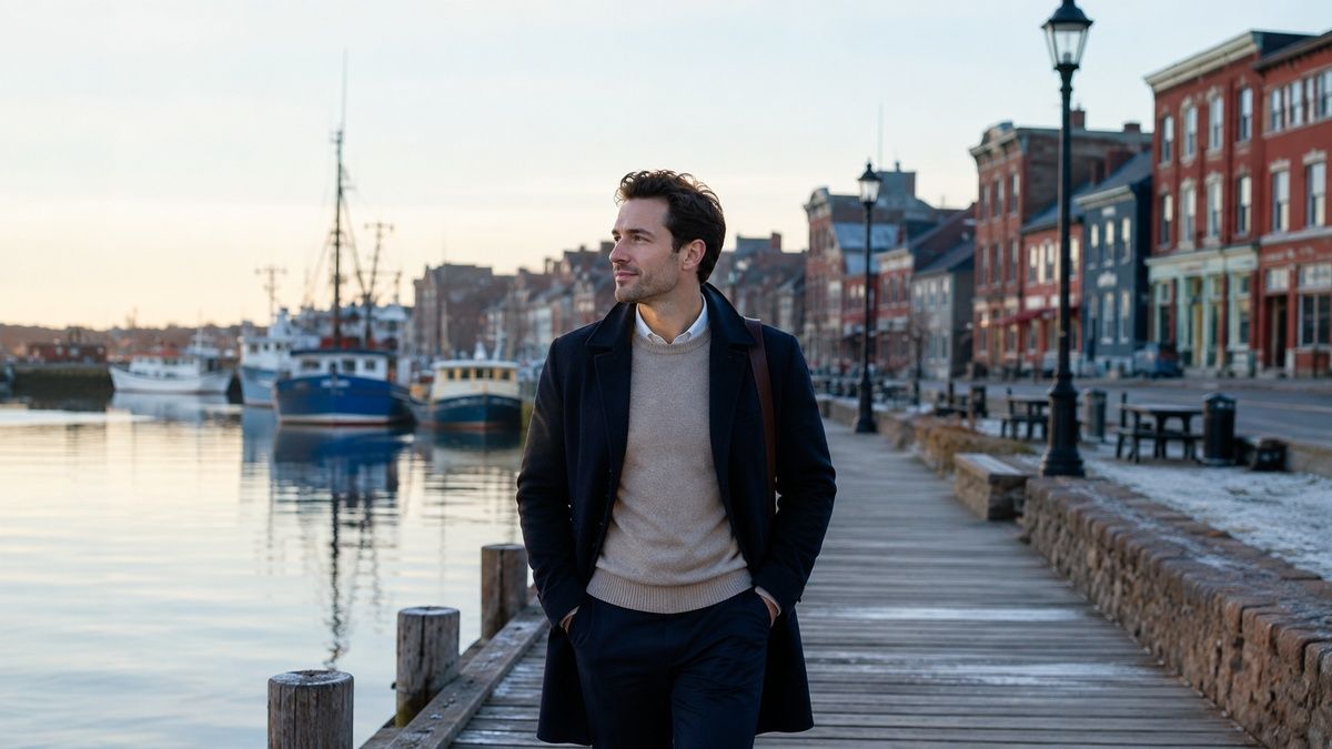 A man in a coat walks along a wooden boardwalk beside a harbor with boats and historic buildings.