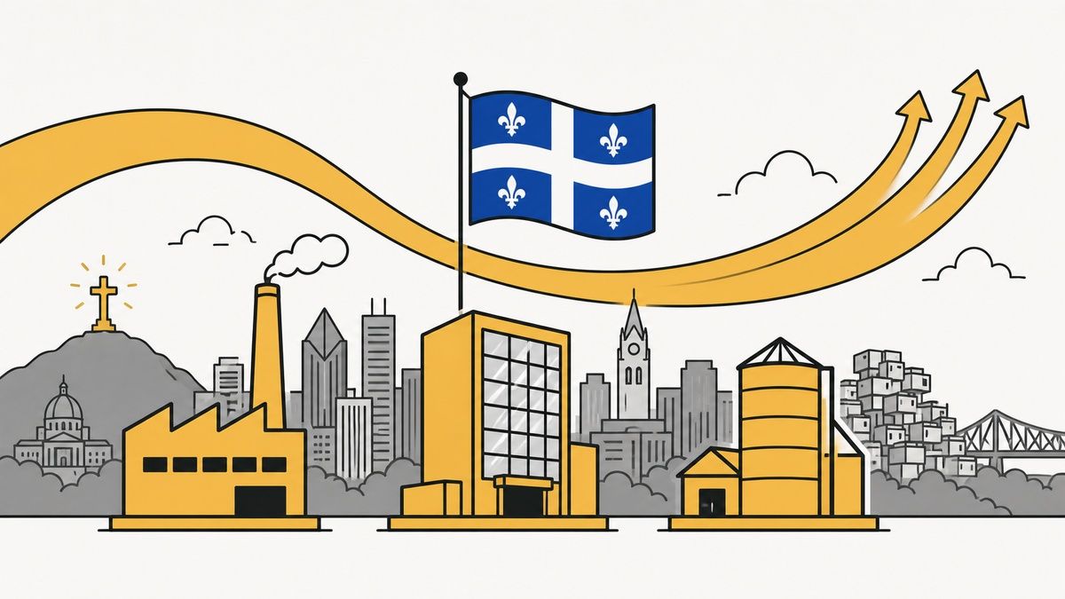 Illustration of the Quebec flag over a cityscape with industrial buildings and rising growth arrows.