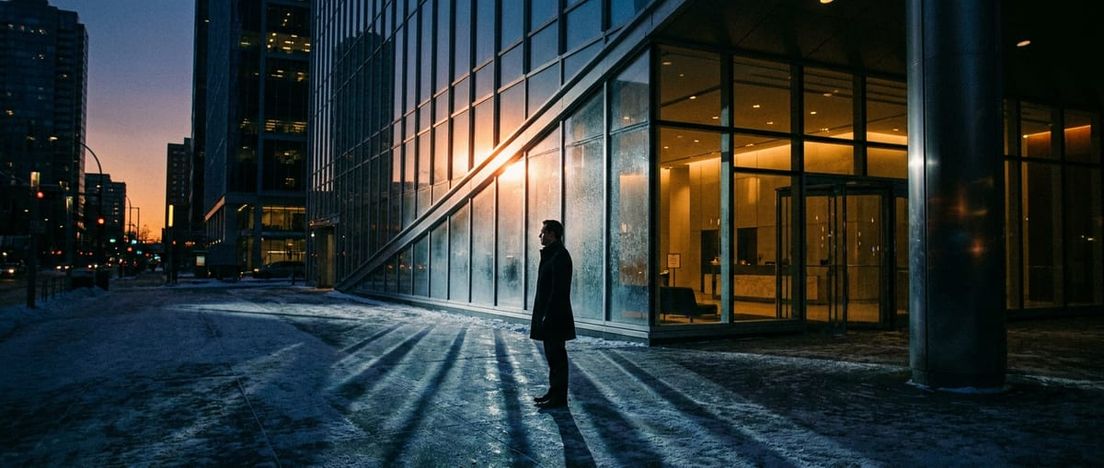 Photograph of a professional outside a modern Alberta glass building at dusk, reflecting on career opportunities.
