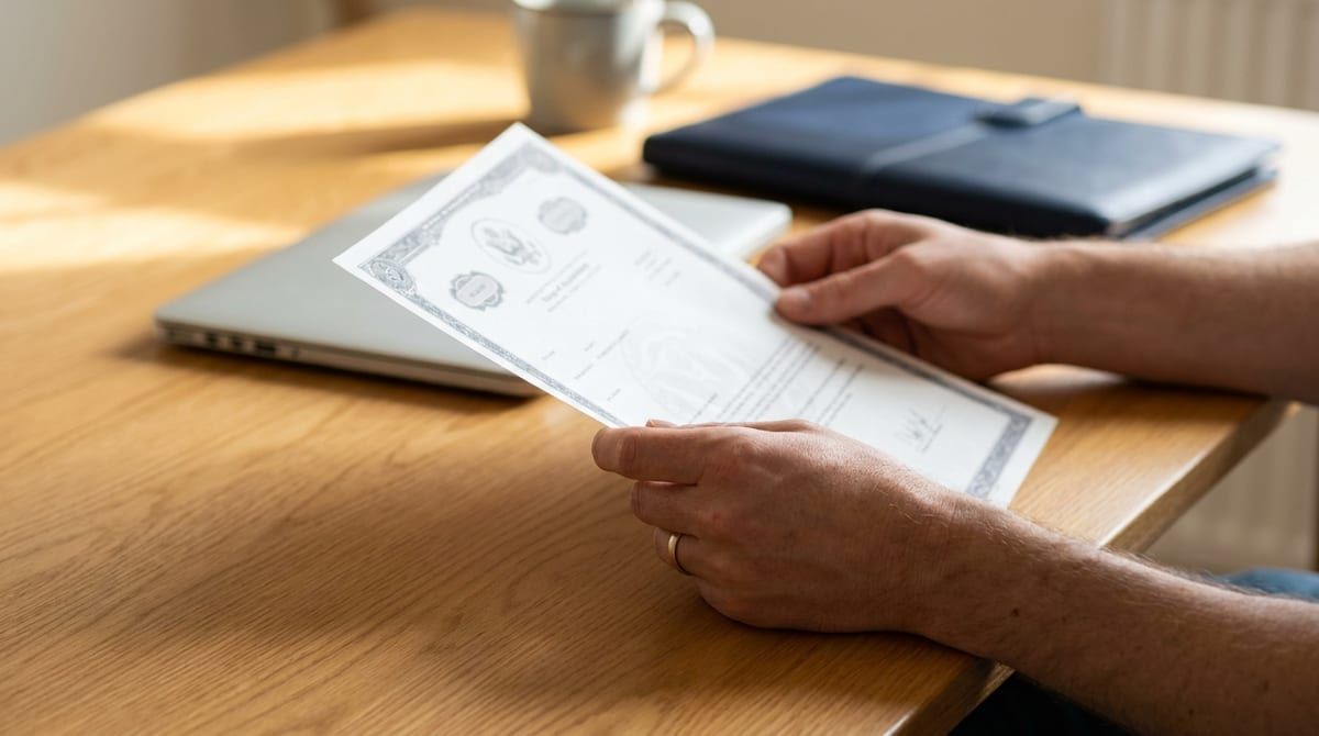 Hands reviewing an official immigration document on a modern desk next to a laptop, representing the COPR process.