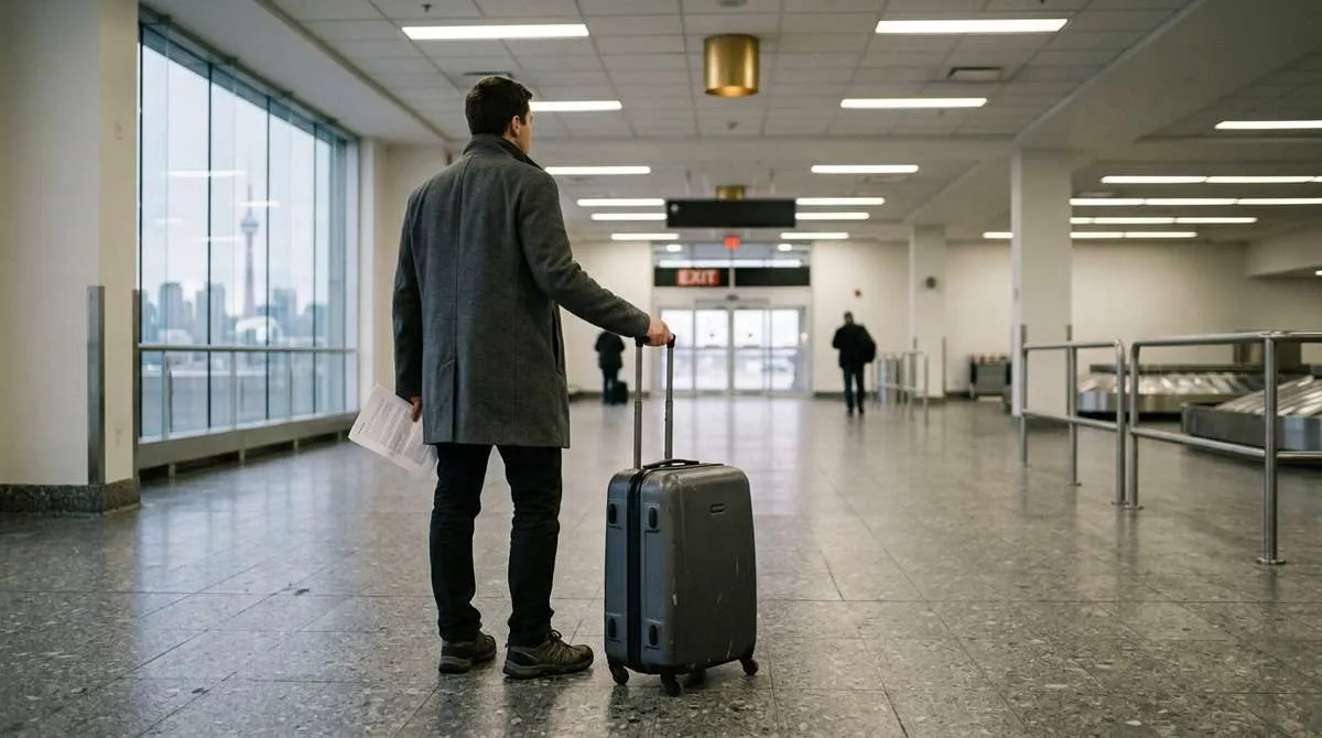 A man with luggage and documents stands in an airport terminal with the Toronto skyline visible outside.