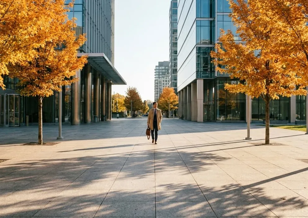 Modern Canadian city plaza with golden autumn maple trees under warm morning sunlight.