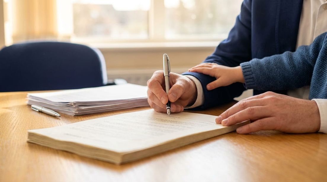 Adult signing official paperwork while a child's hand rests on their arm, representing dependent child sponsorship.