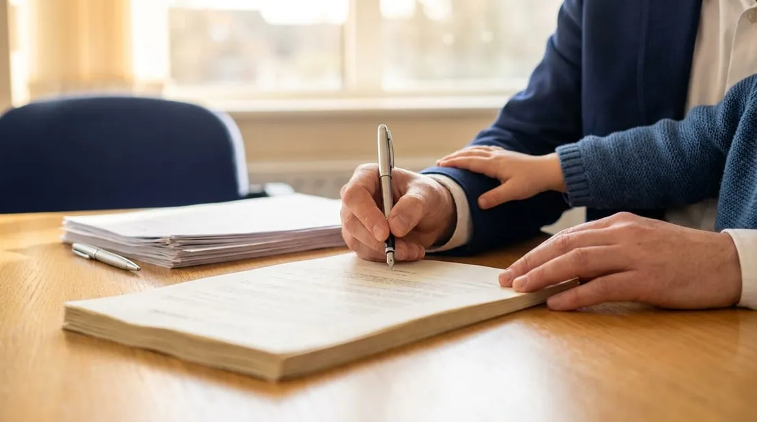 Adult signing official paperwork while a child's hand rests on their arm, representing dependent child sponsorship.