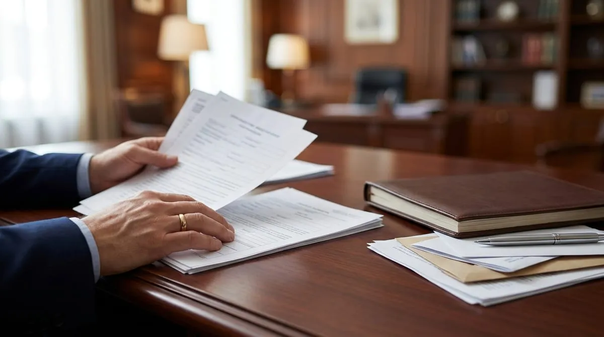 Close-up of a couple's hands with a wedding ring reviewing official documents and a photo album on a wooden desk.
