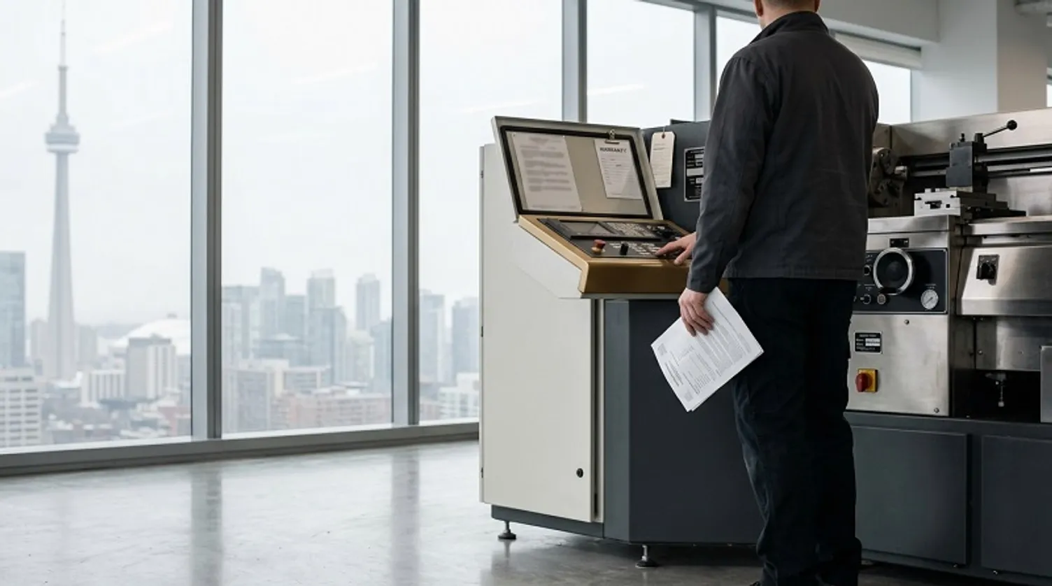 A technician operates machinery in front of a large window overlooking the Toronto skyline.