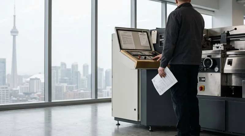 A technician operates machinery in front of a large window overlooking the Toronto skyline.